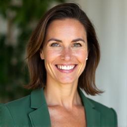 Portrait of Dr. Amelia Thorne, female founder of Veridian Bloom, smiling warmly