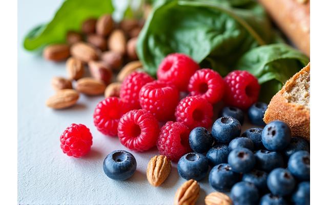 Colorful selection of whole foods like berries, nuts, and leafy greens, a close-up