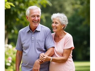 Vibrant, healthy senior couple laughing and walking in a park, illustrating healthy aging