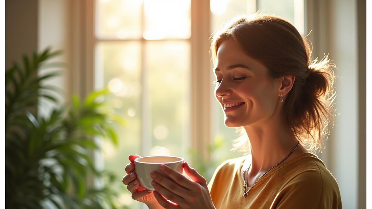 Woman enjoying a morning cup of tea, with soft natural light streaming in, representing mindful living
