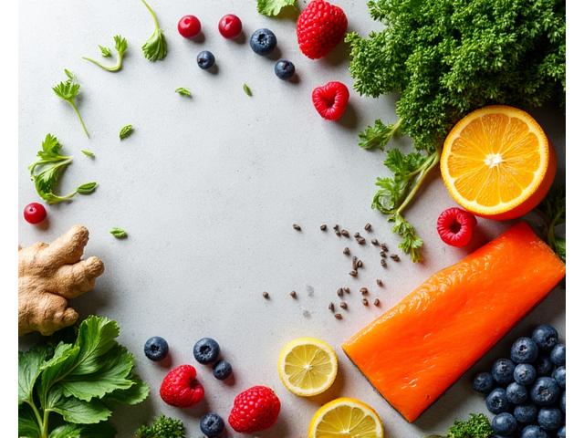 A vibrant flat lay of various functional foods, including turmeric root, leafy greens, colorful berries, ginger, and various seeds, arranged aesthetically.