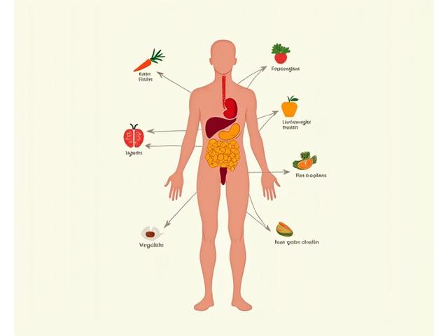 An intricate infographic illustrating the connection between food, gut health, and overall body systems, with arrows showing positive impacts from nutrient-rich foods.