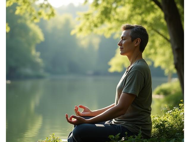 An individual meditating peacefully outdoors in a serene, green nature setting, hands gently placed, eyes closed, reflecting calm and inner peace.