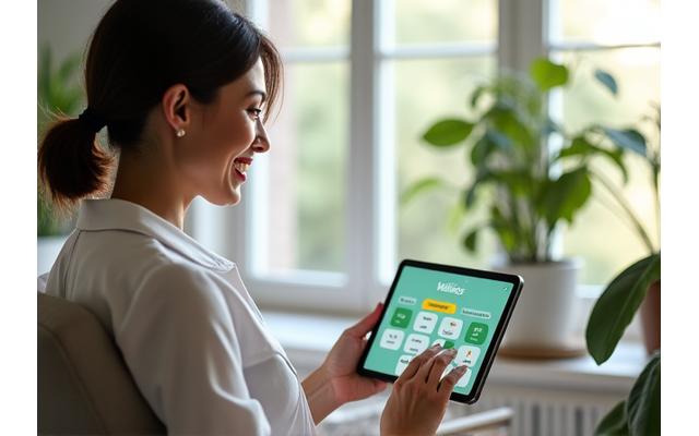 Woman happily looking at a digital calendar with wellness events, symbolizing easy workshop booking