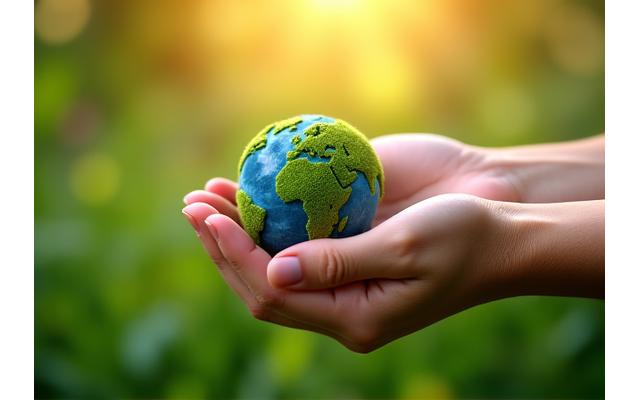 Hands cradling the Earth, surrounded by green foliage, representing environmental care