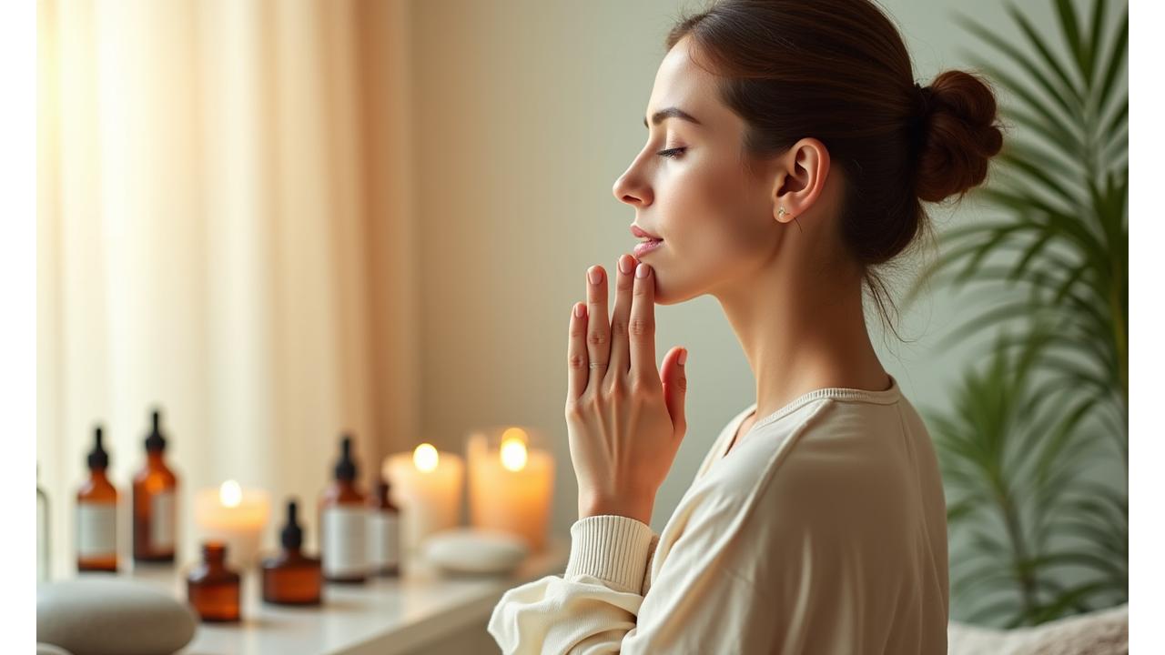 Woman meditating with glowing skin, surrounded by serene natural elements and essential oils