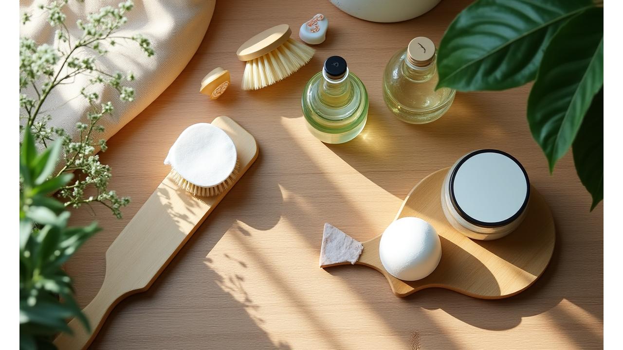 Refillable beauty containers, bamboo brushes, and reusable cotton pads on a natural wooden surface