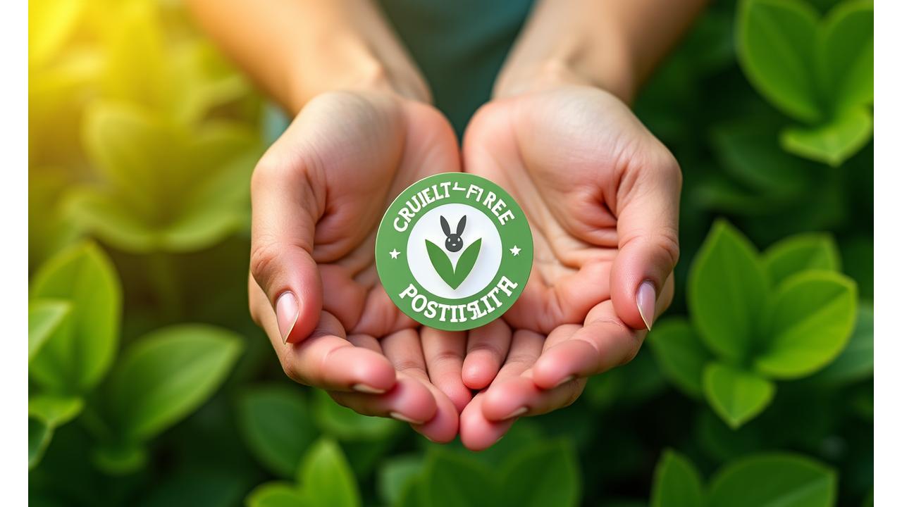 Hands holding a badge with 'Cruelty-Free' and 'Vegan' logos, surrounded by lush green plants