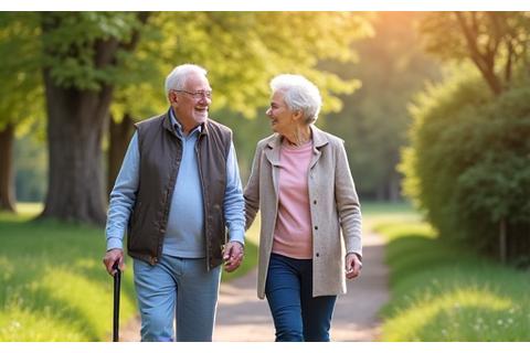 Image of an active, smiling elderly couple walking in a sunny park.