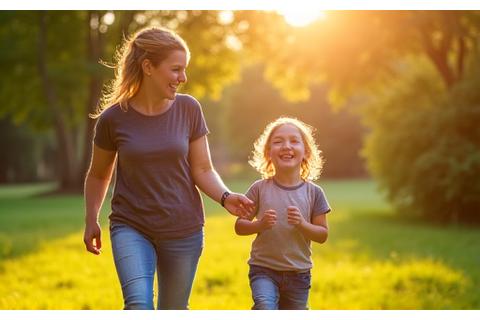 Image of a laughing parent playing with a child in a park, both looking healthy and joyful.