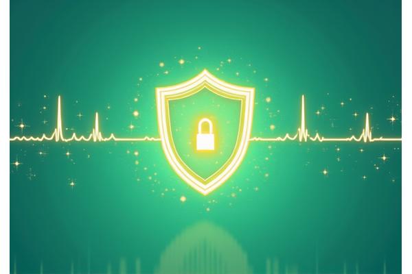 Illustration of a secure digital vault or shield protecting medical records, emphasizing HIPAA compliance with a gentle, professional aesthetic.