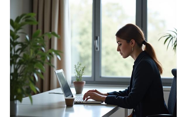 Person using laptop in a modern office, symbolizing busy professionals