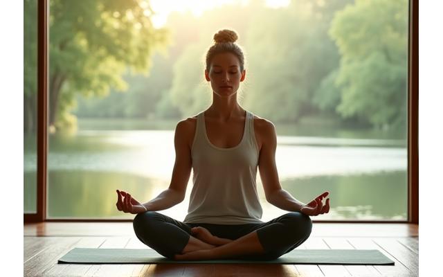 Person meditating in a serene, natural setting