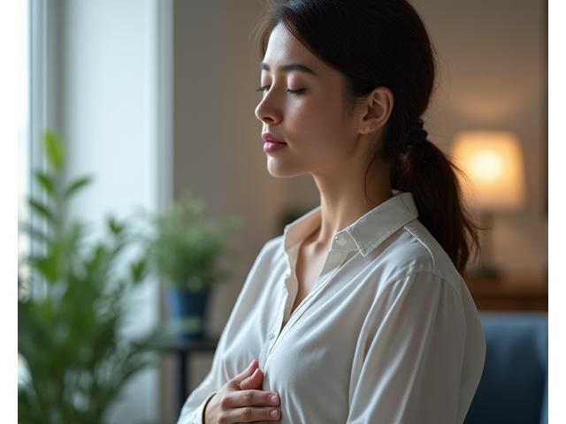 Professional practicing breathing exercise in a calm office environment