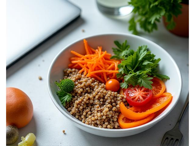 Healthy, vibrant power lunch bowl on an office desk